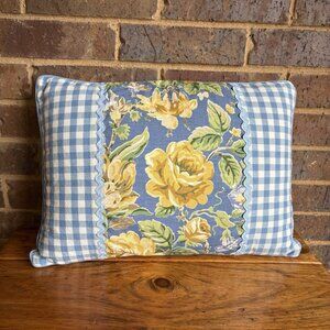 VTG Throw Pillow Laura Ashley Yellow Roses Blue Gingham 90s Cottage Core 18”x13”